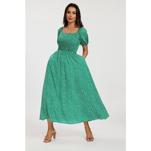 FS Collection Women's Floral Shirred Square Neck Midi Dress with Puff Sleeves in Green | : Mediu