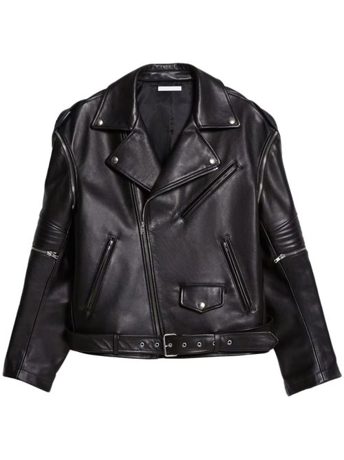 Belted leather biker jacket - Black
