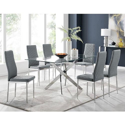 Leonardo Glass And Chrome Metal Dining Table And 6 Milan Chairs Dining Set