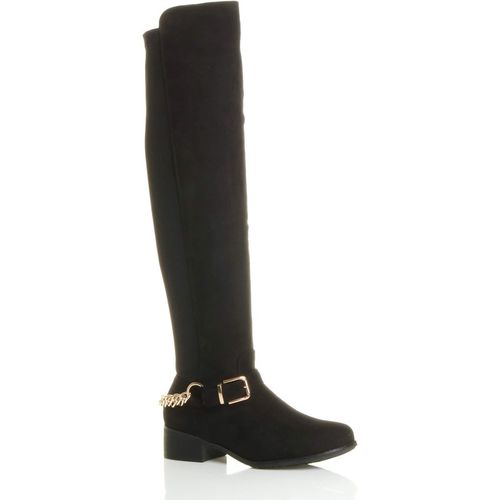 Low Block Heel Elastic Gold Chain Faux Suede Over The Knee Boots
