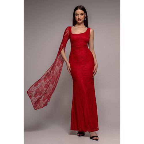 Goddiva One Shoulder Cape Sleeve Pleated Lace Maxi Dress - Red