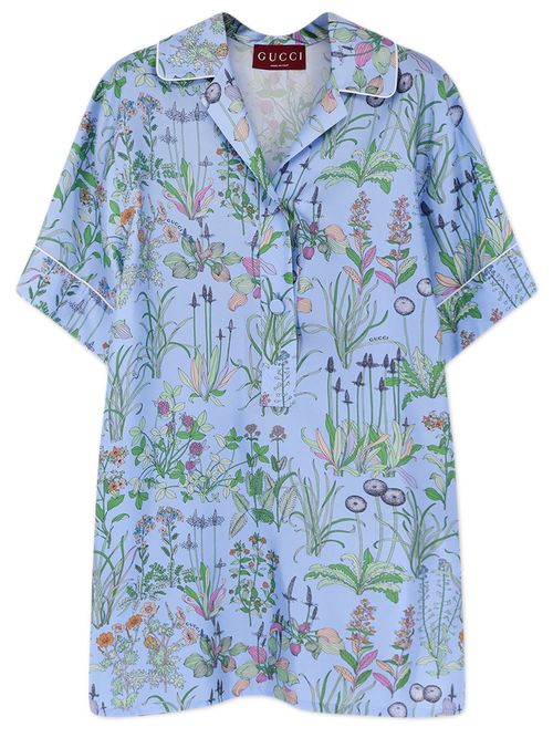 Silk Bowling-Collar Short-Sleeve Top with Covered Button Closure