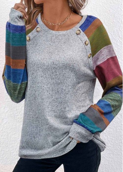 Modlily Light Grey Marl Button Striped T Shirt