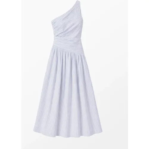 RO&ZO Women's Petite Blue And White Stripe Cotton One Shoulder Dre