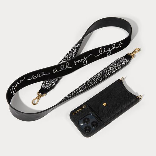 Alanis Rhinestone Side Slot Leather Crossbody Bandolier in Black/Gold | iPhone 15 Pro Max |