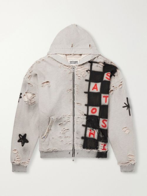 Get What I Want Distressed Embellished Cotton-Jersey Zip-Up Hoodie