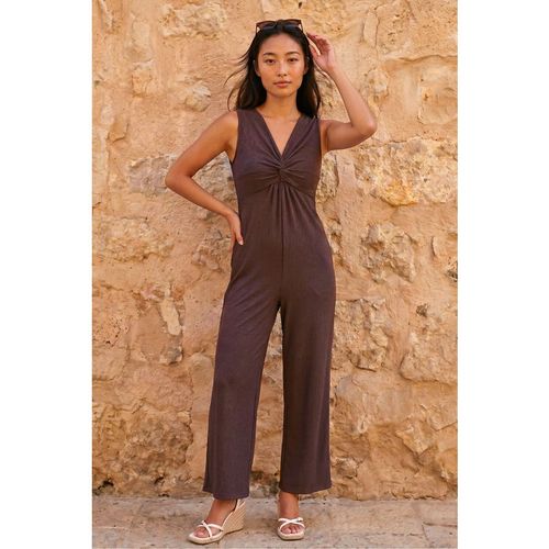 Roman Womens Petite Textured Jumpsuit - Brown