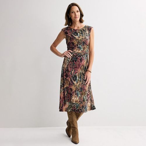 Women's Connected Apparel Printed Cap Sleeve Side Ruched Midi Dress, : , Red Print