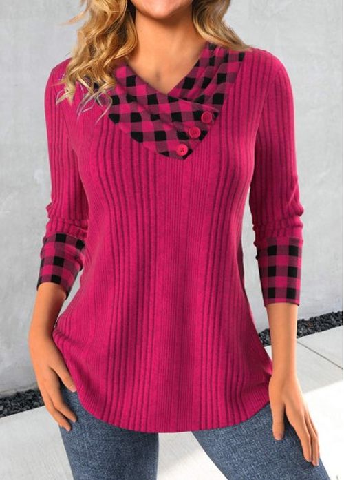 Modlily Light Yellow Patchwork Plaid Long Sleeve T Shirt