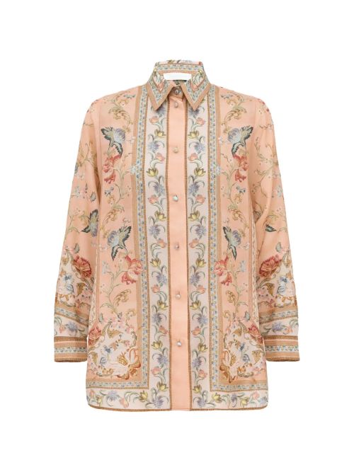 Floral-Print Silk Blouse — Peach