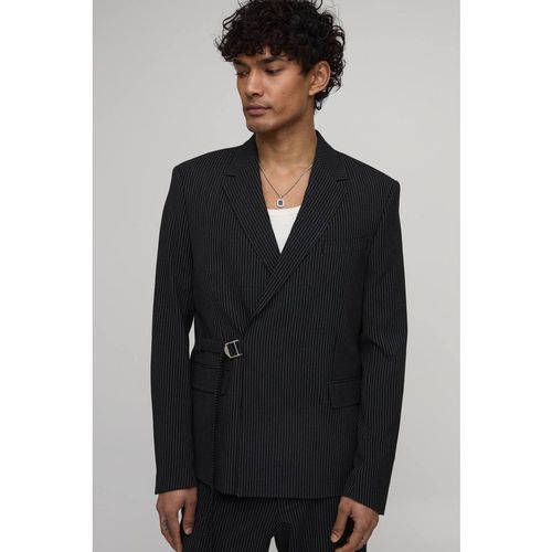 Pinstripe Relaxed Fit Buckle Detail Wrap Blazer | Black