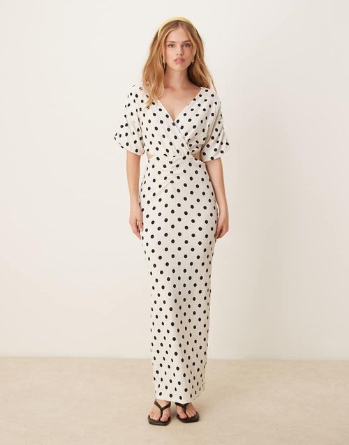 YAS wrap cut out detail maxi dress in white and black polka dot-Multi