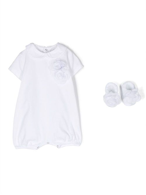 Rose-appliqué romper set - White