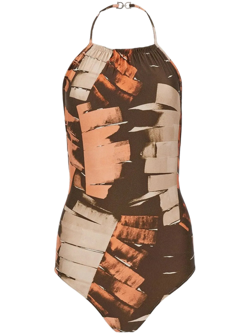 Palm-Print Halterneck Swimsuit — Brown