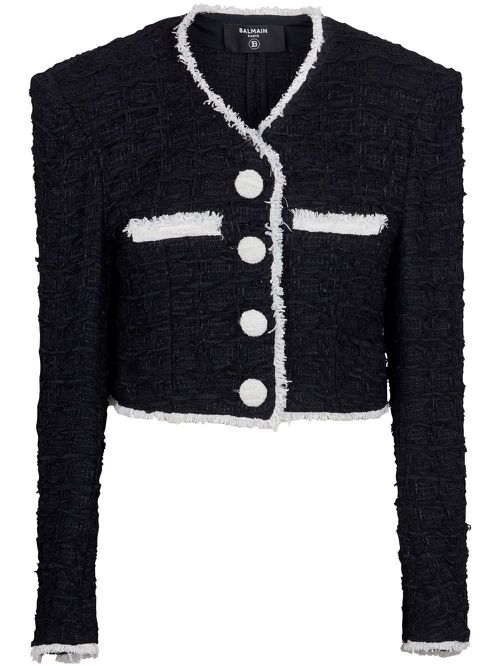 V-neck cropped tweed jacket - Black