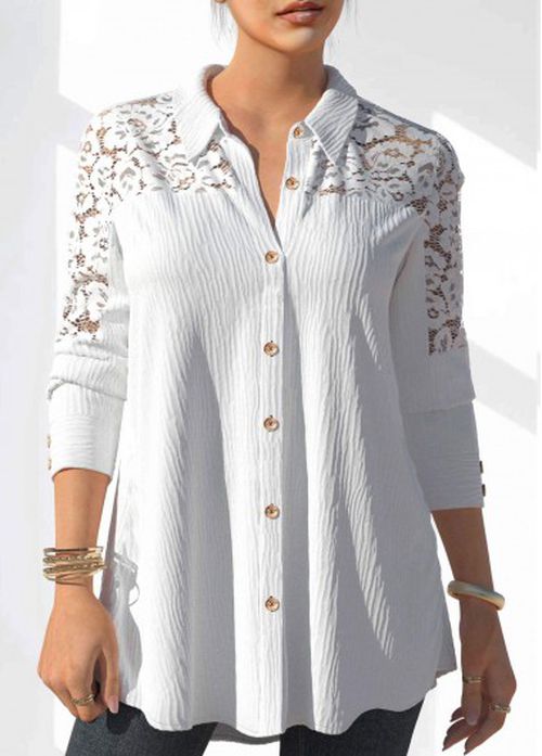 Modlily White Lace Stitching Button Detail Blouse