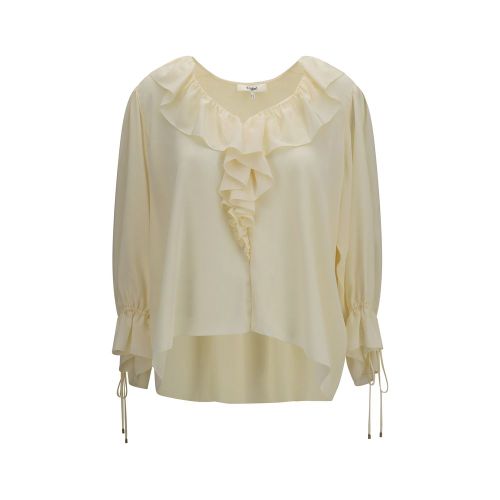 Ruffled V-Neck Silk Blouse — Beige