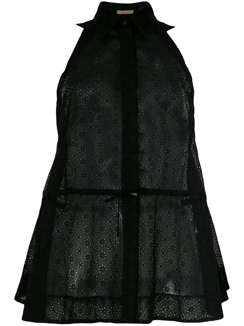 2017 sheer drawstring sleeveless shirt - Black