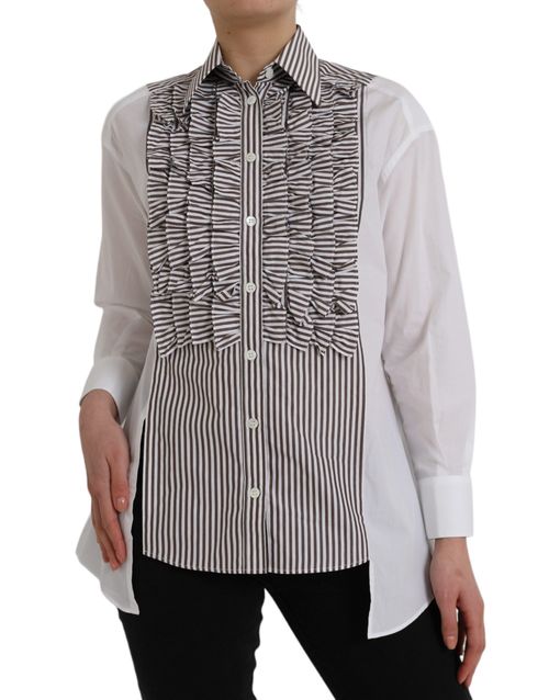 Striped Cotton with Ruffle Placket Blouse — White