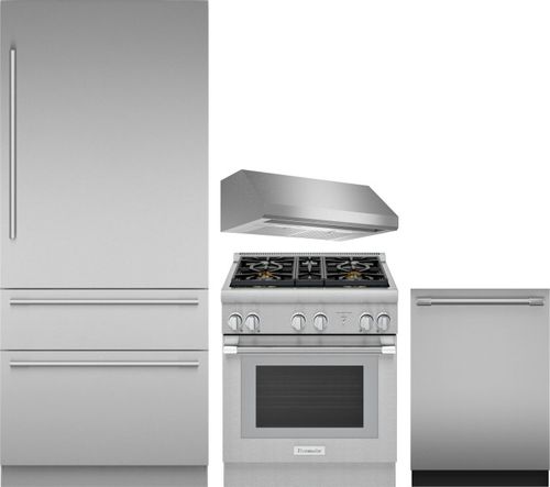 Thermador 4 Piece Kitchen Appliances Package with Bottom Freezer Refrigerator, Dual Fuel Range and Dishwasher in Stainless Steel THRERADWRH1335