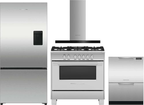 Fisher & Paykel 4 Piece Kitchen Appliances Package with Bottom Freezer Refrigerator, Gas Range and Dishwasher in Stainless Steel FPRERARHDW