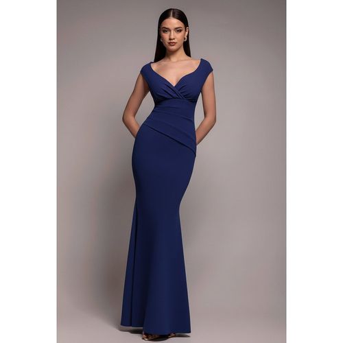 Goddiva Bardot Pleated Maxi Dress - Navy Blue