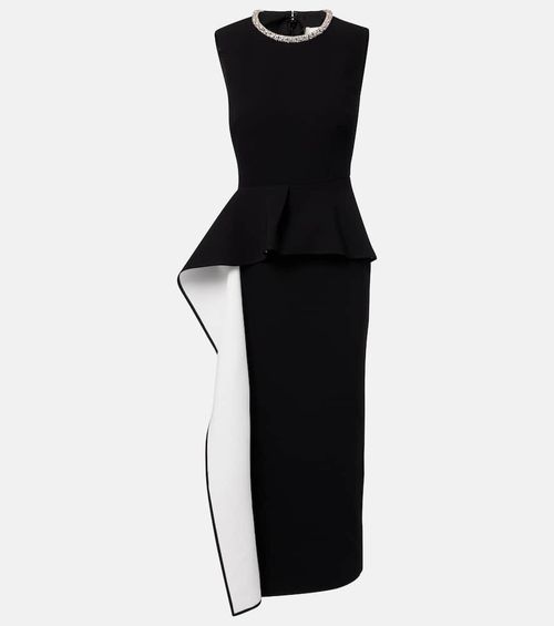 Embellished peplum satin crêpe midi dress