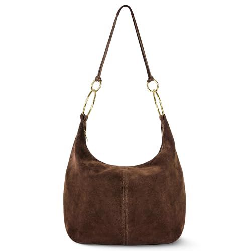 Italian Genuine Suede Hobo Bag for Women with Zippered Closure and Ring Handle Hardware | Large Shoulder Handbag