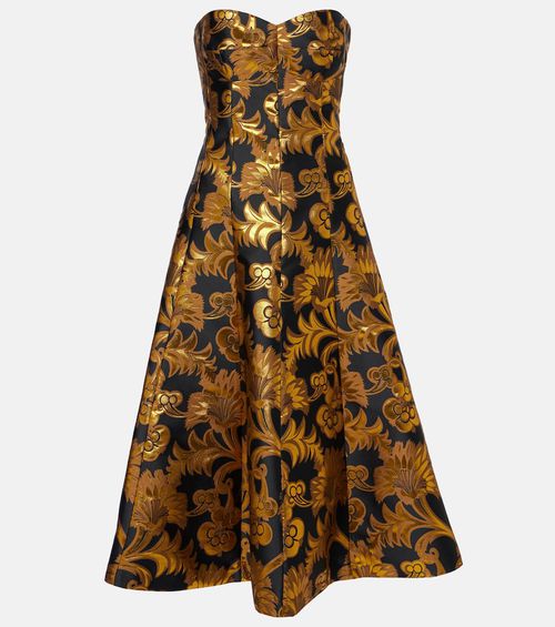 Semi-sheer strapless lamé maxi dress