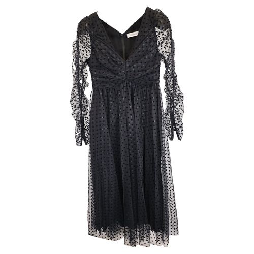 Midi Polka Dot Tulle V-Neck Long Sleeve Dress in Black Polyester