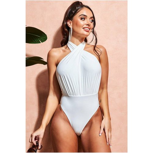 Goddiva Deep Plunge Halter Neck Swimsuit - White