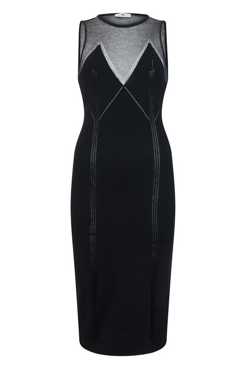 V-Neck Fitted Knit Dress with Sheer Panel Details