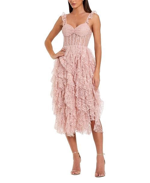 Lace Bustier Midi Dress with Spiral Ruffles