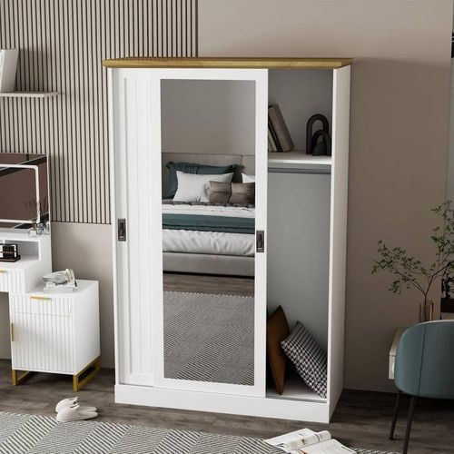 KOSY KOALA Wardrobe with Sliding Door, Full Length Mirror Wood Finish for Bedroom in White