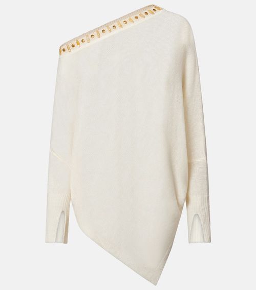 Beaded asymmetric linen-blend top
