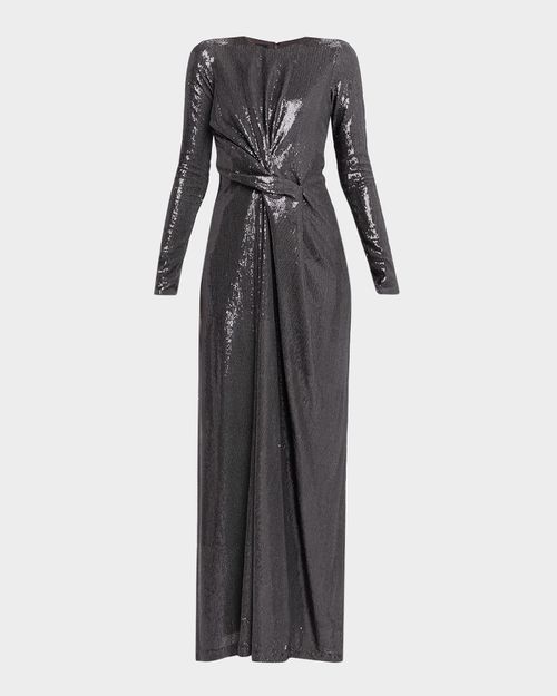 Long-Sleeve Draped Sequin Gown