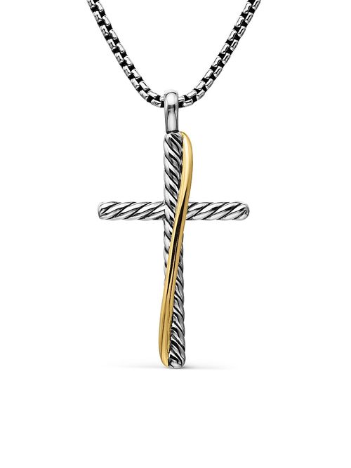 Women's Crossover Cross Necklace in Sterling Silver with 18K Yellow Gold, 35.6MM - Silver