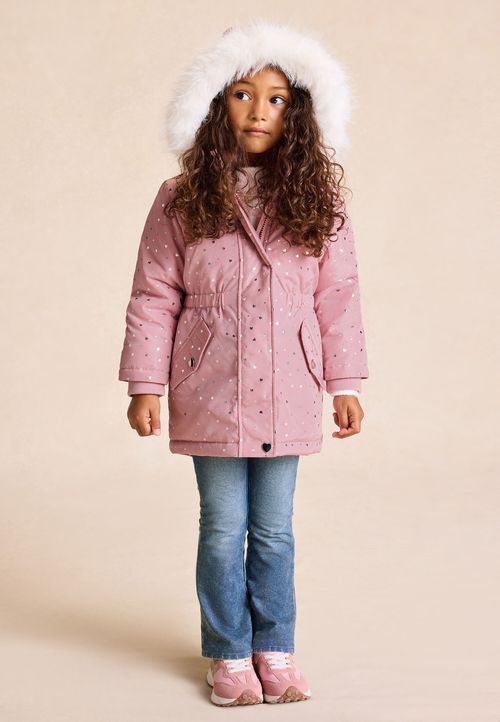 Younger Girls Pink Heart Print Padded Parka Coat