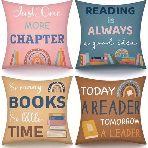 TEMU 4 Bohemian Style Reading Corner Pillow Covers - 3 Sizes , Modern Boho Decor With Inspirational Quotes, Vintage Book And Reading Patterns, Zipper