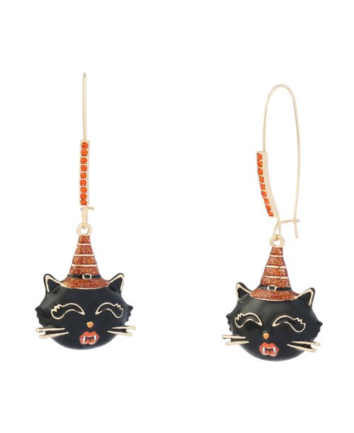 Faux-Stone Halloween Witchy Cat Dangle Earrings - Black