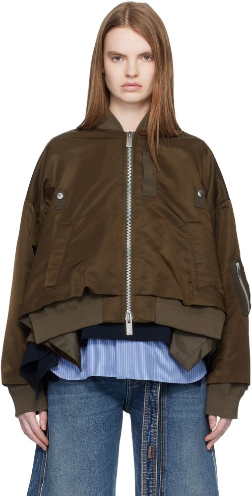 Brown Nylon Twill Bomber Jacket