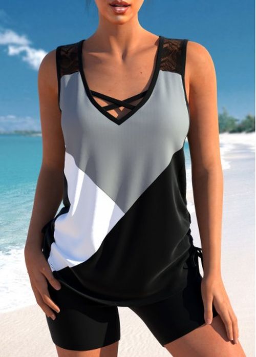 Modlily Patchwork Criss Cross Black Tankini Set
