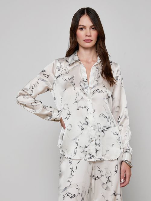 Tyler Silk Blouse Top In Ivory/grey Small Faded Chain