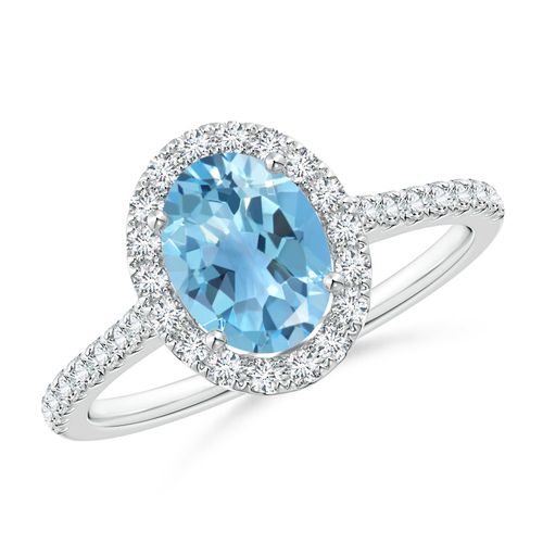 Angara 1.5 Carats Prong-Set Oval Swiss Blue Topaz Halo Ring with Diamond Accents in Platinum