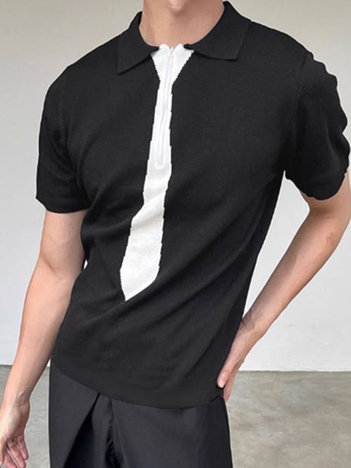 Mens Tie Print Knit Half-Zip Short Sleeve T-Shirt SKUL13638 - Black / S