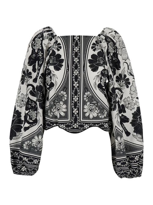 Flower Leopard Black And White Blouse With Boat Neckline And All-over Floral Print In Cotton Woman