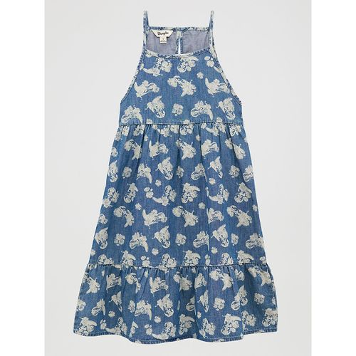 Girl's Sleeveless Printed Denim Swing Dress in Floral Blue