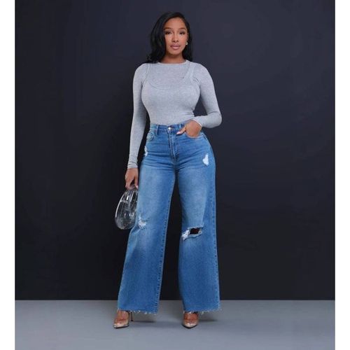 ​​Women’s High-Waisted Ripped Wide-Leg Jeans – Straight Cut Distressed Denim Pants Dark Blue/Light Blue, Sizes S-XXL, Comfort Stretch