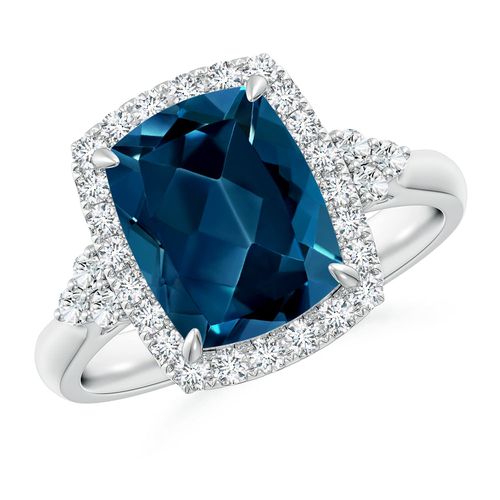 Angara 3.2 Carats Cushion London Blue Topaz Halo Ring with Trio Diamonds in Platinum