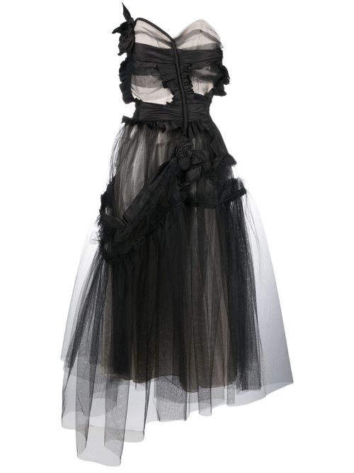 Floral-appliqué asymmetric tulle dress - Black